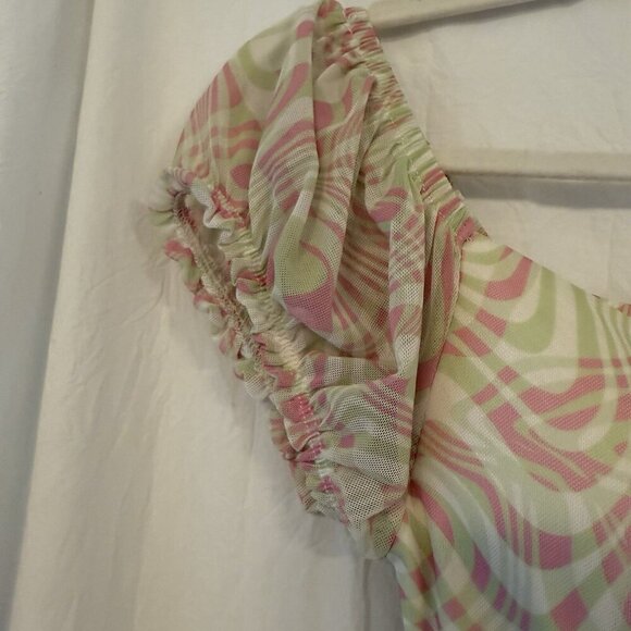 Madden NYC Bodycon Dress XS Ruched Pink Green Swirl Y2K Milkmaid Sheer Mesh Sexy - Picture 10 of 14